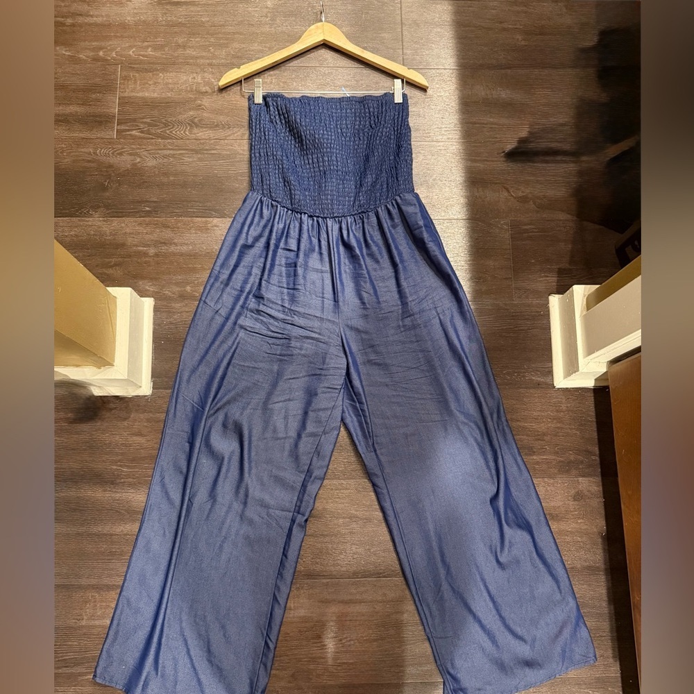 Mile Gabrielle Smocked strapless, wide-leg Dark Denim Color Fabric jumpsuit L - Picture 11 of 11